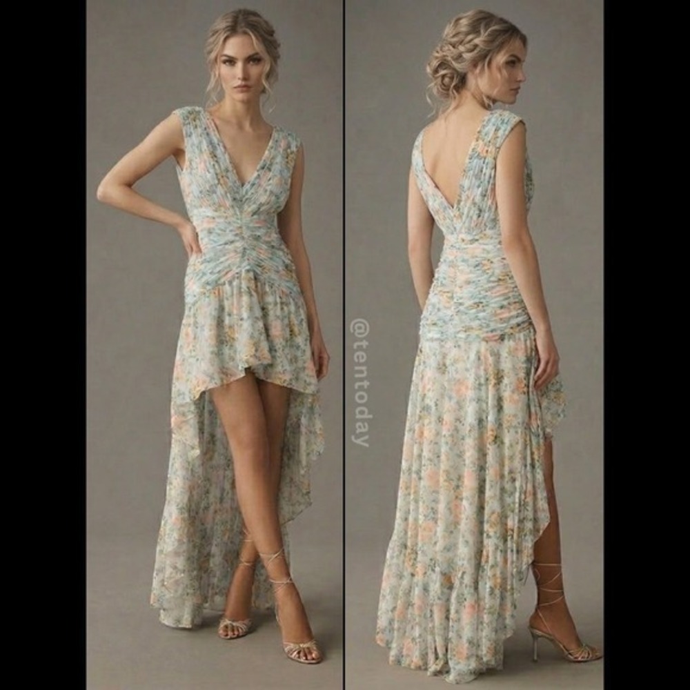 $398 Mac Duggal Size 4 Light Blue Floral Ruched Cap Sleeve High Low Gown Dress